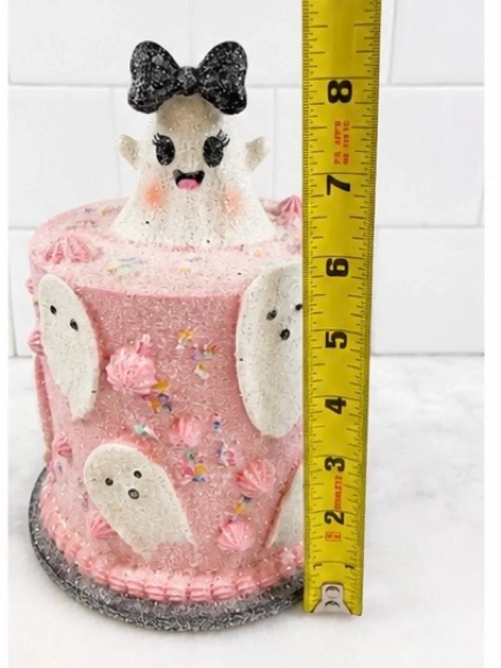 Pink Faux Cake Ghost Figurine Halloween Pastel Goth Decor Black Bow New